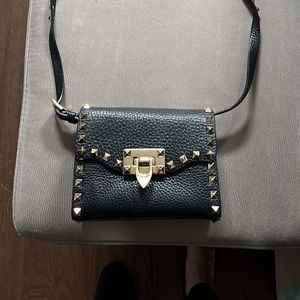 Valentino Black Leather Rockstud Flip Lock Crossbody Bag
